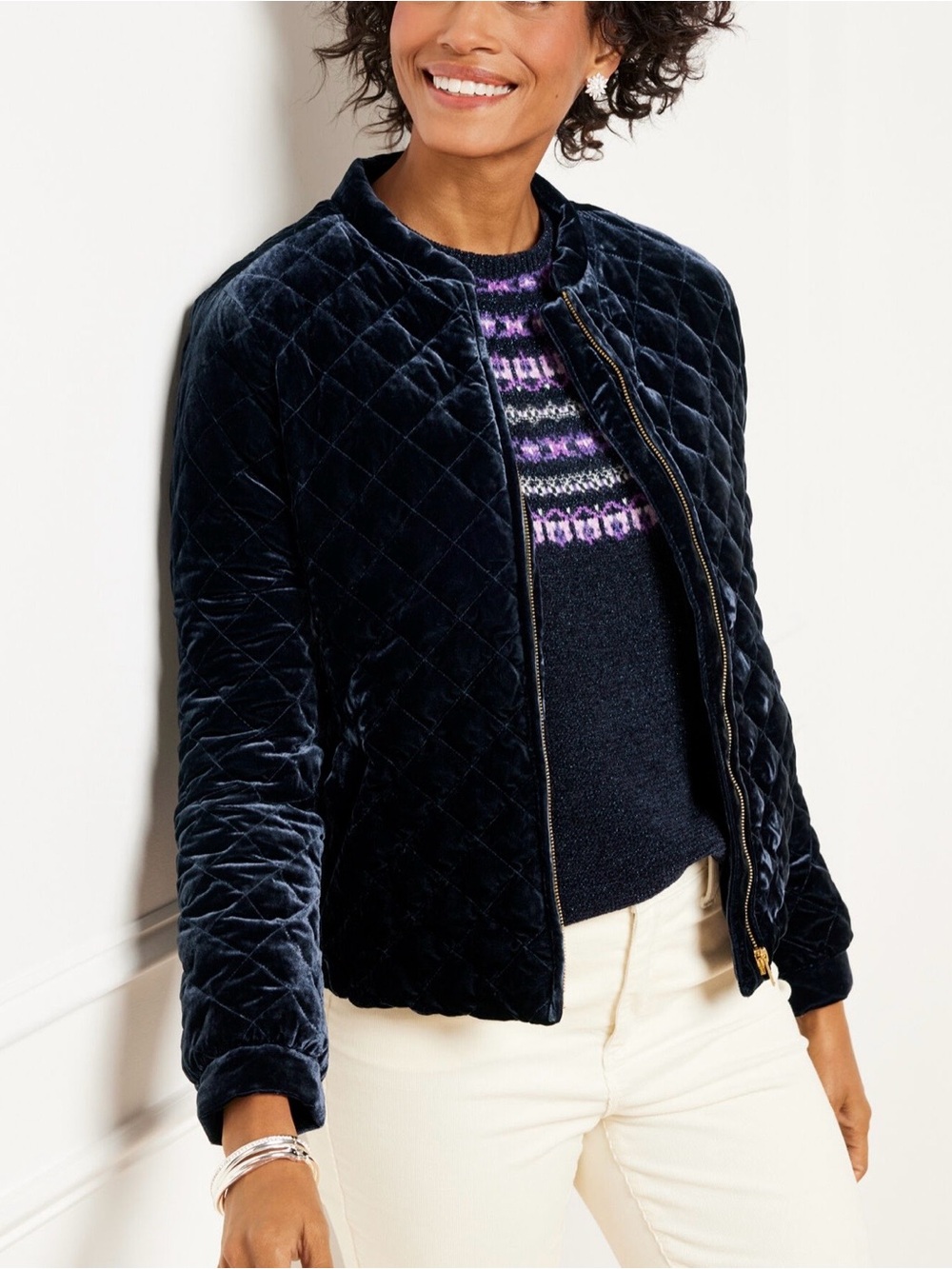 Talbots Quilted Velvet Bomber Jacket - Navy Sz S